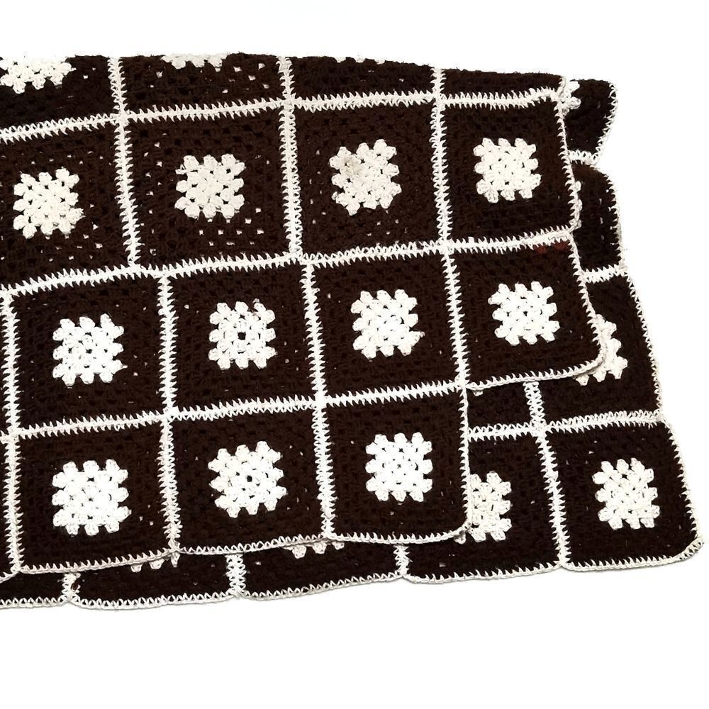VINTAGE 70s Brown Granny Square Crochet Blanket
